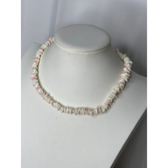white shell necklace beach vacation costume jewelry puca pucka w pink beads - Picture 5 of 8